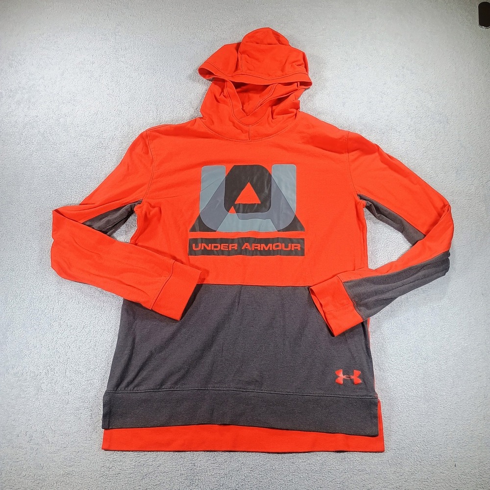 Under Armour Boys HeatGear Hoodie Orange Gray YXL Graphic Logo Sweatshirt